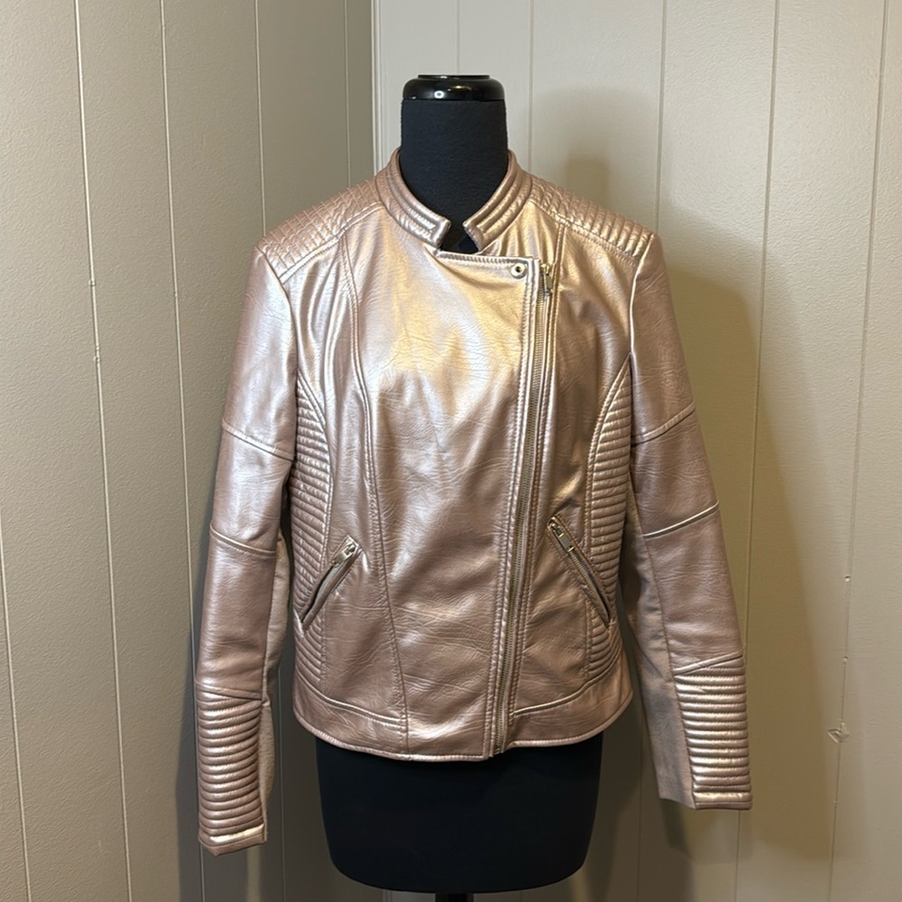 Women's Bar III Jacket Coat Faux Leather Metallic Rose Gold Pink Size Large